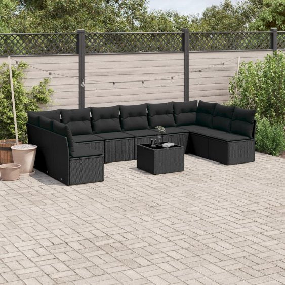 vidaXL 10-tlg. Garten-Sofagarnitur mit Kissen Schwarz Poly Rattan