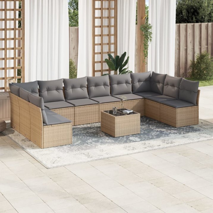 vidaXL 10-tlg. Garten-Sofagarnitur mit Kissen Schwarz Poly Rattan