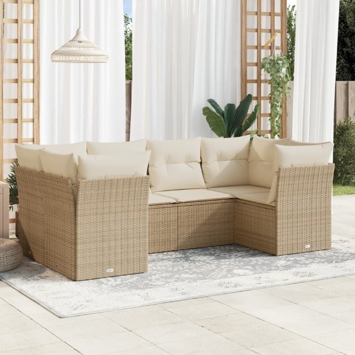 6-tlg. Garten-Sofagarnitur mit Kissen Schwarz Poly Rattan