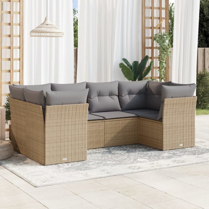 6-tlg. Garten-Sofagarnitur mit Kissen Schwarz Poly Rattan