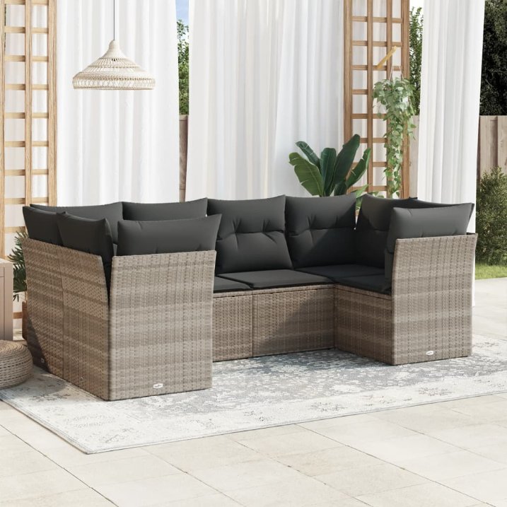 6-tlg. Garten-Sofagarnitur mit Kissen Schwarz Poly Rattan