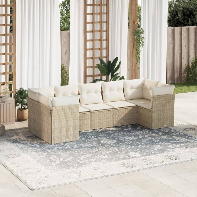 7-tlg. Garten-Sofagarnitur mit Kissen Schwarz Poly Rattan
