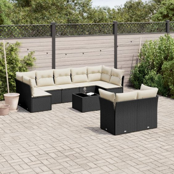9-tlg. Garten-Sofagarnitur mit Kissen Schwarz Poly Rattan