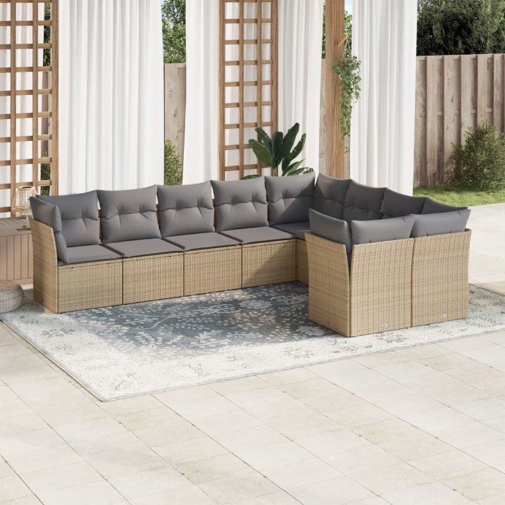 9-tlg. Garten-Sofagarnitur mit Kissen Schwarz Poly Rattan