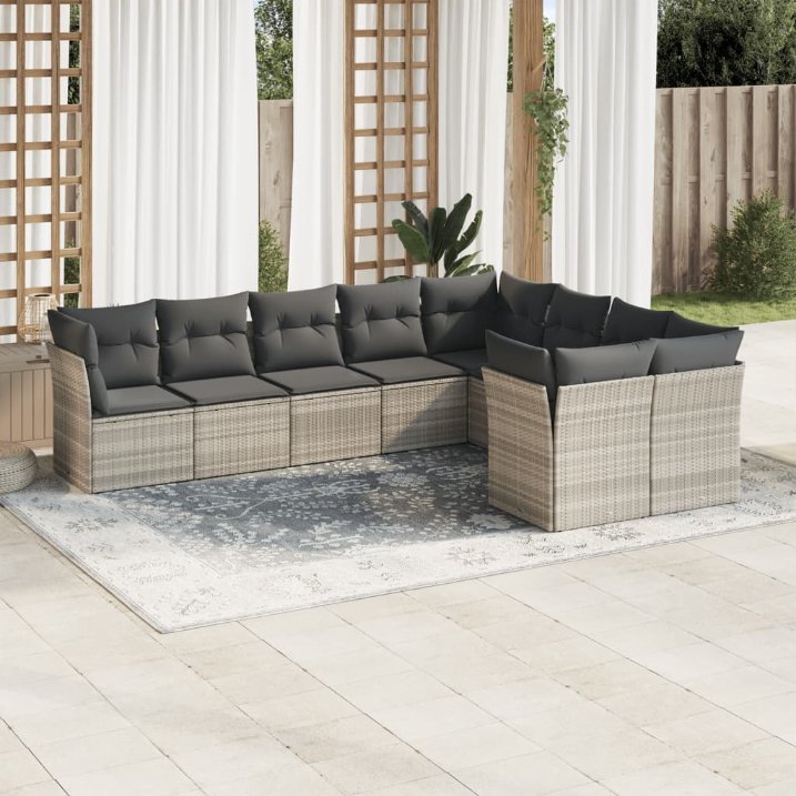 9-tlg. Garten-Sofagarnitur mit Kissen Schwarz Poly Rattan