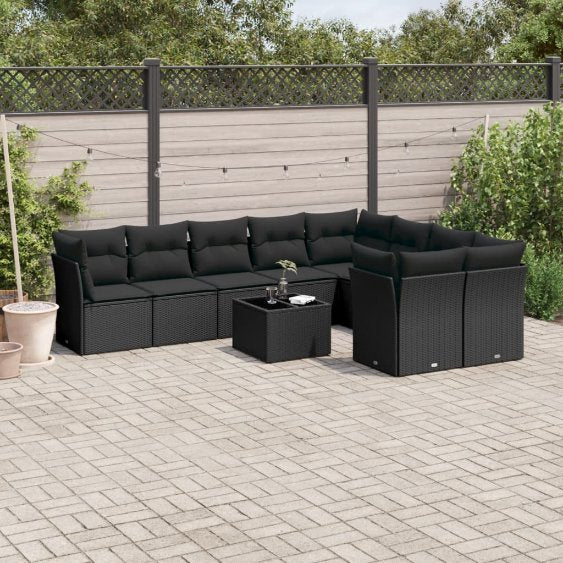 9-tlg. Garten-Sofagarnitur mit Kissen Schwarz Poly Rattan