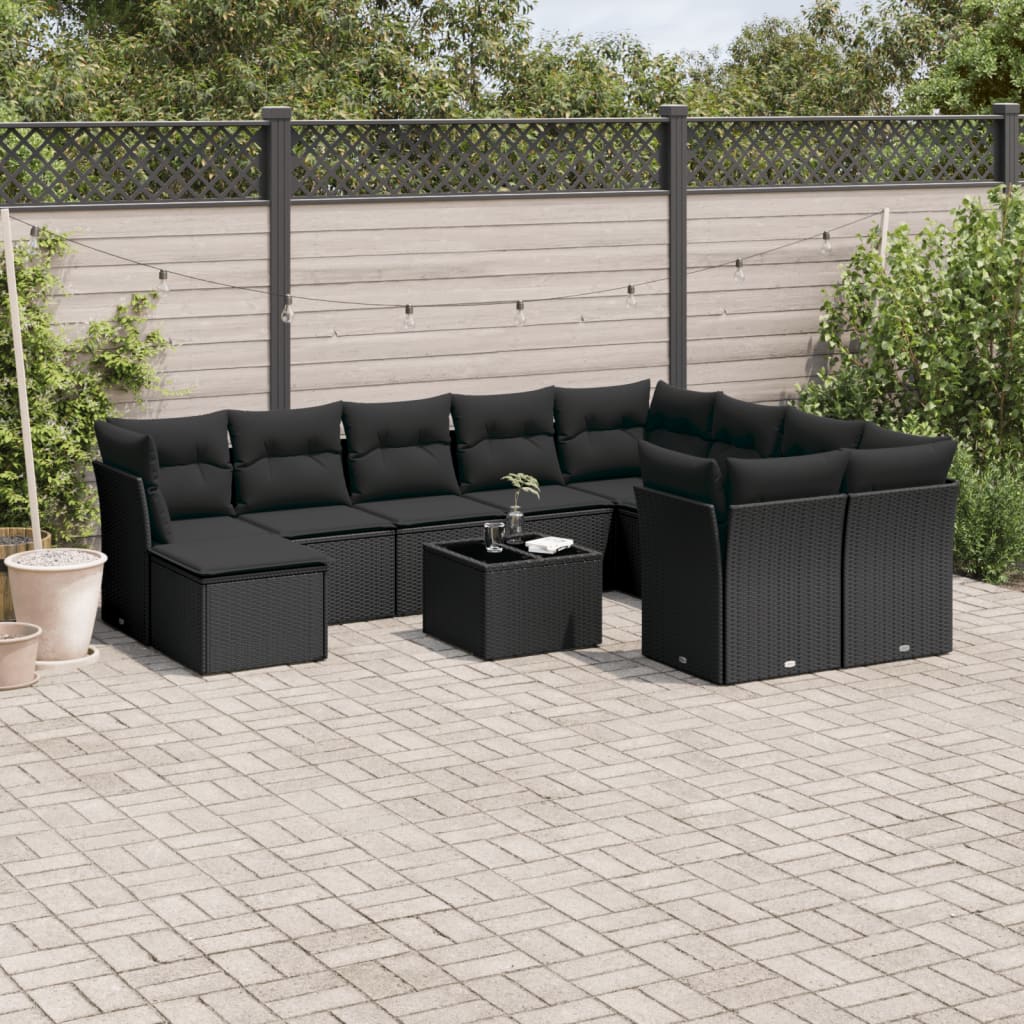 vidaXL 10-tlg. Garten-Sofagarnitur mit Kissen Schwarz Poly Rattan