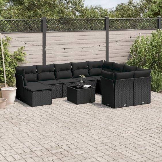 vidaXL 10-tlg. Garten-Sofagarnitur mit Kissen Schwarz Poly Rattan