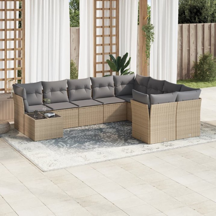vidaXL 10-tlg. Garten-Sofagarnitur mit Kissen Schwarz Poly Rattan