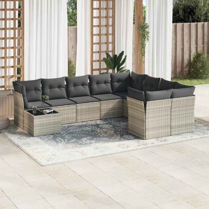vidaXL 10-tlg. Garten-Sofagarnitur mit Kissen Schwarz Poly Rattan