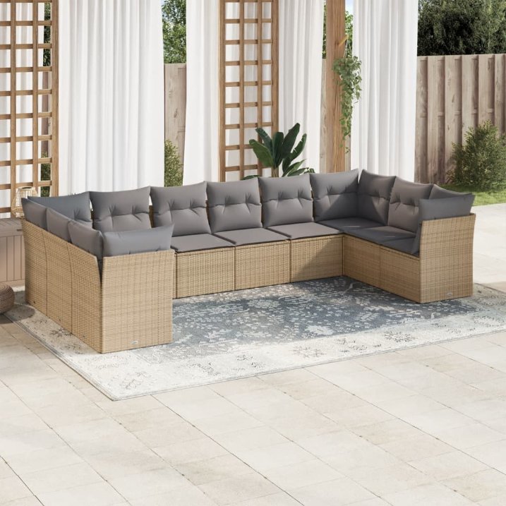 vidaXL 10-tlg. Garten-Sofagarnitur mit Kissen Schwarz Poly Rattan