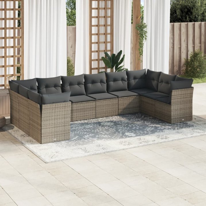 vidaXL 10-tlg. Garten-Sofagarnitur mit Kissen Schwarz Poly Rattan