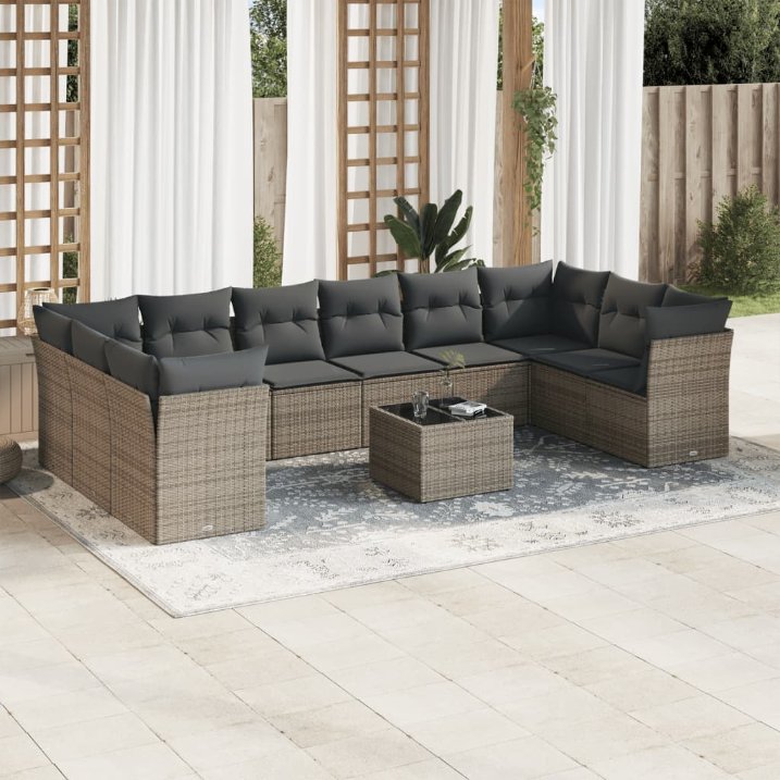 vidaXL 10-tlg. Garten-Sofagarnitur mit Kissen Schwarz Poly Rattan