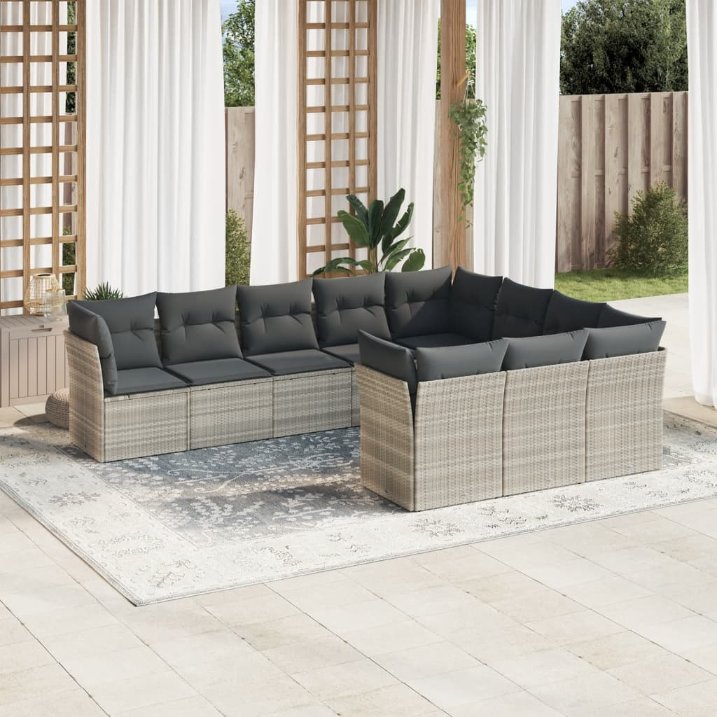 vidaXL 10-tlg. Garten-Sofagarnitur mit Kissen Schwarz Poly Rattan
