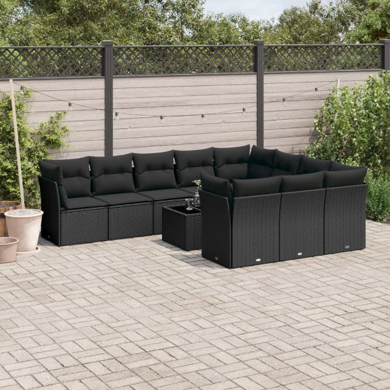 vidaXL 10-tlg. Garten-Sofagarnitur mit Kissen Schwarz Poly Rattan