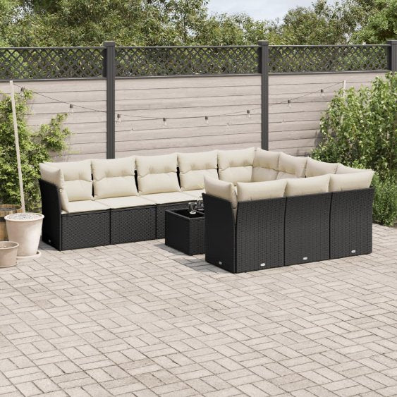 vidaXL 10-tlg. Garten-Sofagarnitur mit Kissen Schwarz Poly Rattan