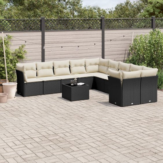 vidaXL 10-tlg. Garten-Sofagarnitur mit Kissen Schwarz Poly Rattan