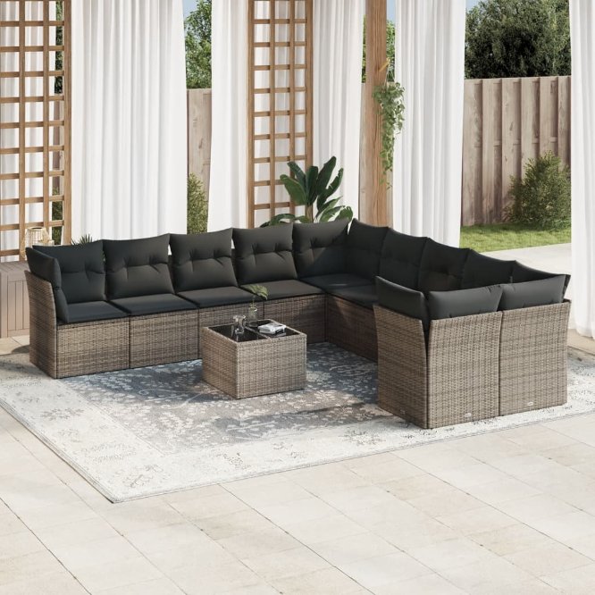 vidaXL 10-tlg. Garten-Sofagarnitur mit Kissen Schwarz Poly Rattan