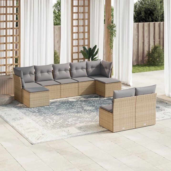 9-tlg. Garten-Sofagarnitur mit Kissen Schwarz Poly Rattan