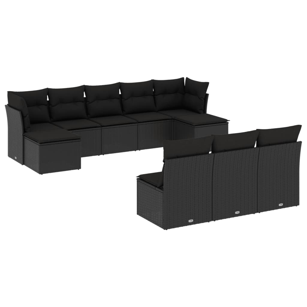 vidaXL 10-tlg. Garten-Sofagarnitur mit Kissen Schwarz Poly Rattan