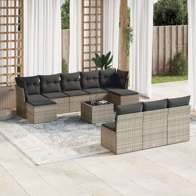 vidaXL 10-tlg. Garten-Sofagarnitur mit Kissen Schwarz Poly Rattan