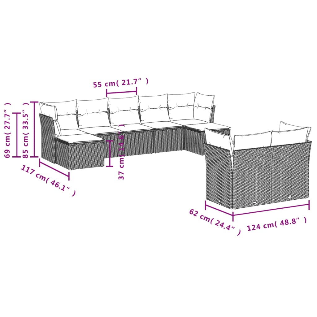 9-tlg. Garten-Sofagarnitur mit Kissen Schwarz Poly Rattan
