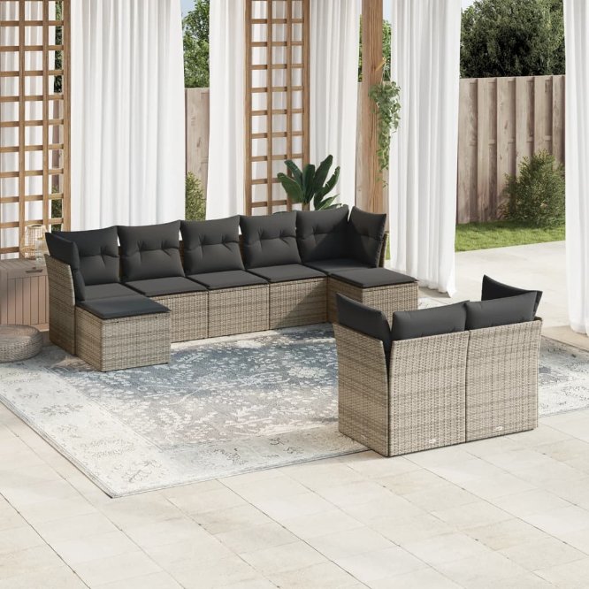 9-tlg. Garten-Sofagarnitur mit Kissen Schwarz Poly Rattan