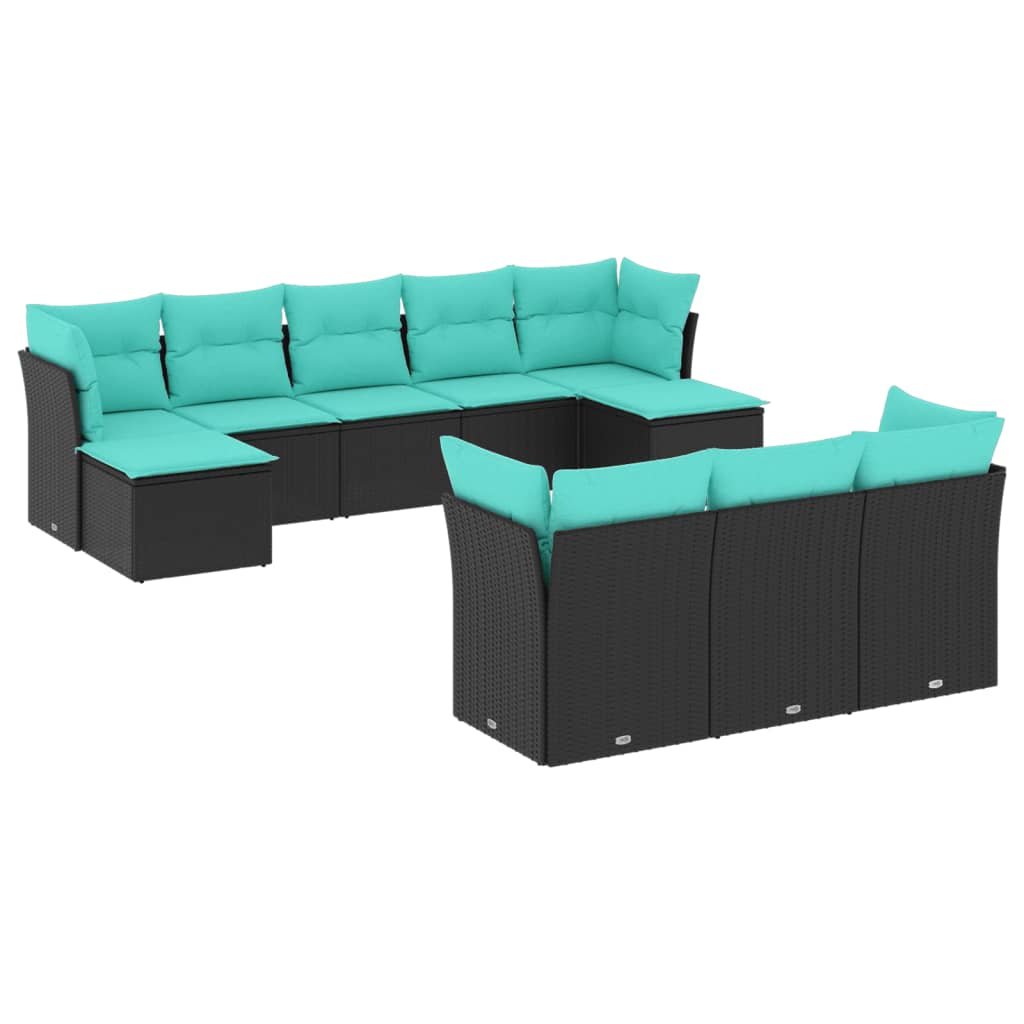 vidaXL 10-teiliges Gartensofa-Set mit Kissen, schwarzes Polyrattan
