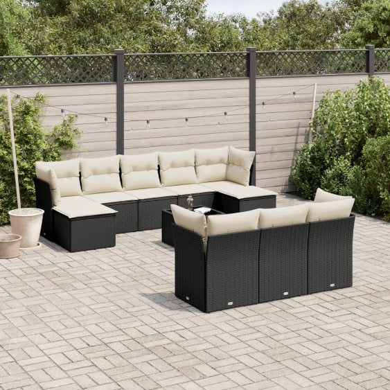 vidaXL 10-tlg. Garten-Sofagarnitur mit Kissen Schwarz Poly Rattan