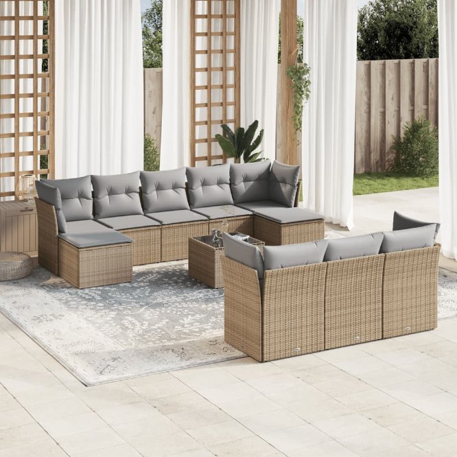 vidaXL 10-tlg. Garten-Sofagarnitur mit Kissen Schwarz Poly Rattan
