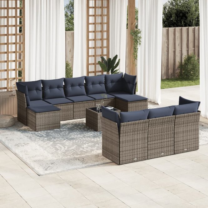vidaXL 10-teiliges Gartensofa-Set mit Kissen, schwarzes Polyrattan
