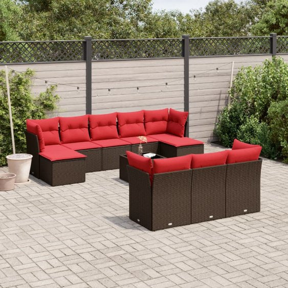 vidaXL 10-teiliges Gartensofa-Set mit Kissen, schwarzes Polyrattan