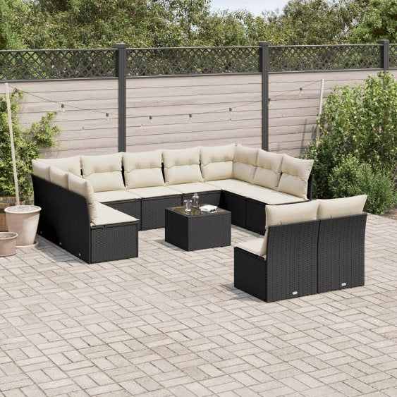 vidaXL 11-tlg. Garten-Sofagarnitur mit Kissen Schwarz Poly Rattan