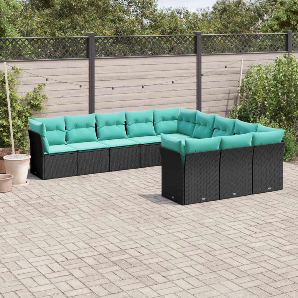 vidaXL 11-teiliges Gartensofa-Set mit Kissen, schwarzes Polyrattan