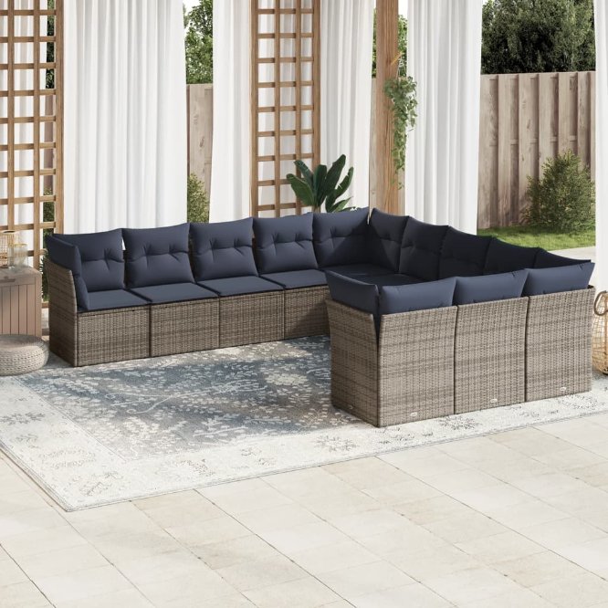 vidaXL 11-teiliges Gartensofa-Set mit Kissen, schwarzes Polyrattan