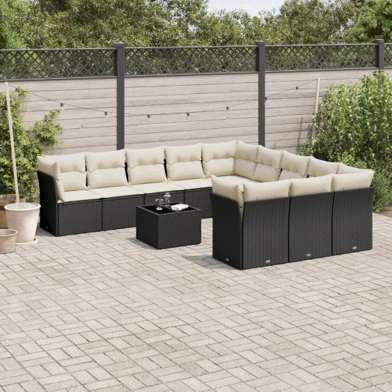 vidaXL 11-tlg. Garten-Sofagarnitur mit Kissen Schwarz Poly Rattan