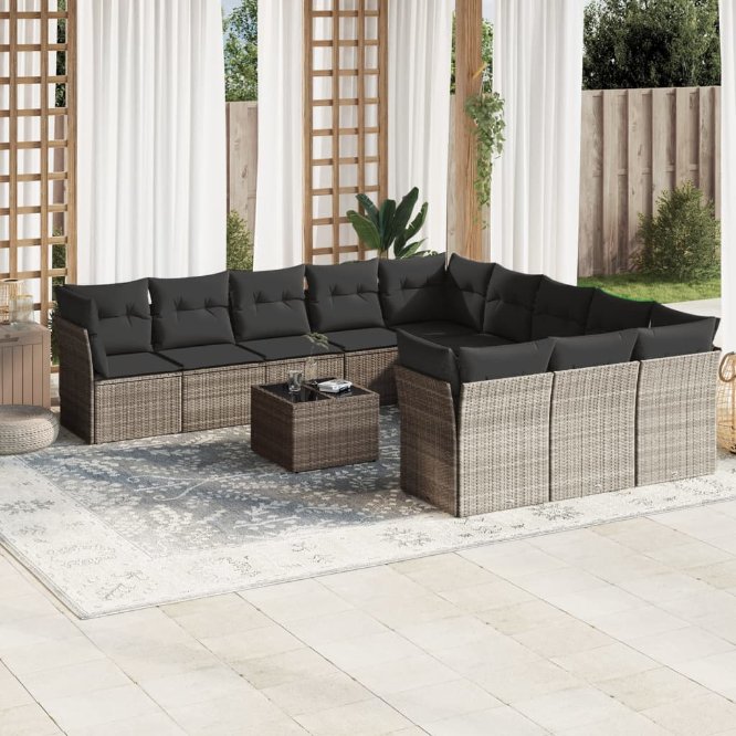 vidaXL 11-tlg. Garten-Sofagarnitur mit Kissen Schwarz Poly Rattan