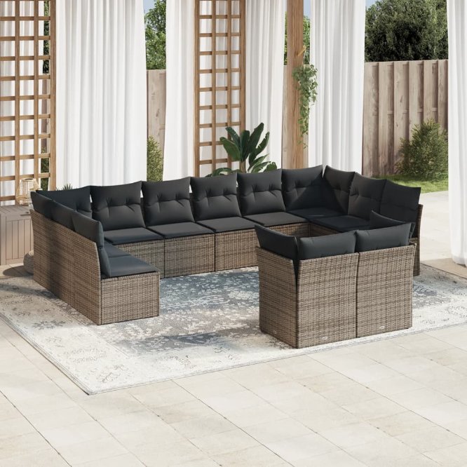 vidaXL 12-tlg. Garten-Sofagarnitur mit Kissen Schwarz Poly Rattan