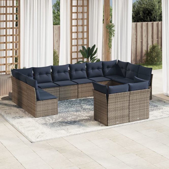 vidaXL 12-teiliges Gartensofa-Set mit Kissen, schwarzes Polyrattan