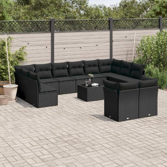 vidaXL 12-tlg. Garten-Sofagarnitur mit Kissen Schwarz Poly Rattan