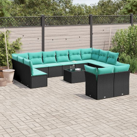 vidaXL 12-teiliges Gartensofa-Set mit Kissen, schwarzes Polyrattan