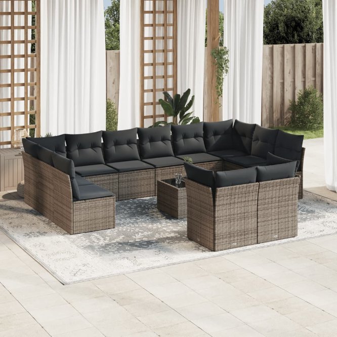 vidaXL 12-tlg. Garten-Sofagarnitur mit Kissen Schwarz Poly Rattan