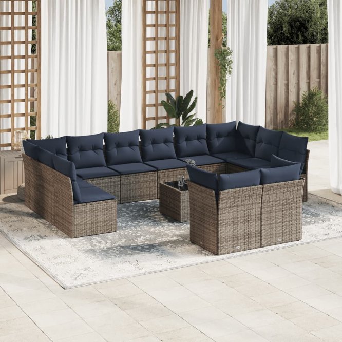 vidaXL 12-teiliges Gartensofa-Set mit Kissen, schwarzes Polyrattan