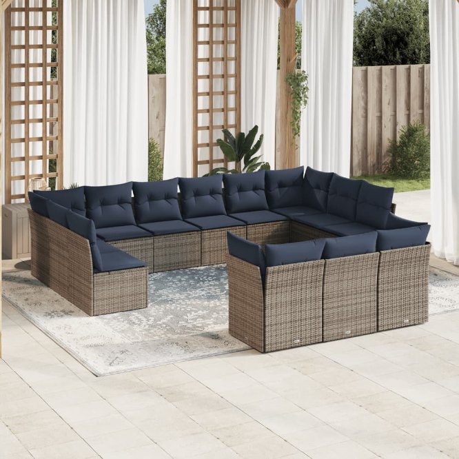 13-teiliges Gartensofa-Set mit Kissen, schwarzes Polyrattan