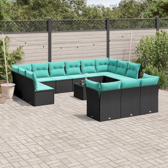 13-teiliges Gartensofa-Set mit Kissen, schwarzes Polyrattan