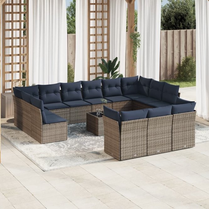13-teiliges Gartensofa-Set mit Kissen, schwarzes Polyrattan