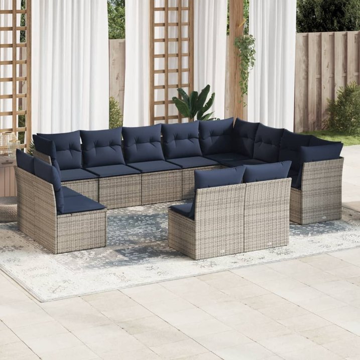 vidaXL 12-teiliges Gartensofa-Set mit Kissen, schwarzes Polyrattan