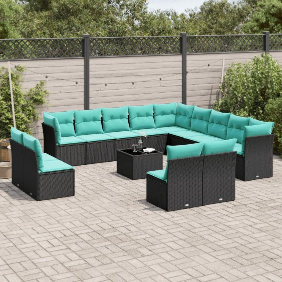 13-teiliges Gartensofa-Set mit Kissen, schwarzes Polyrattan