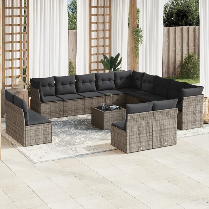 13-tlg. Garten-Sofagarnitur mit Kissen Schwarz Poly Rattan
