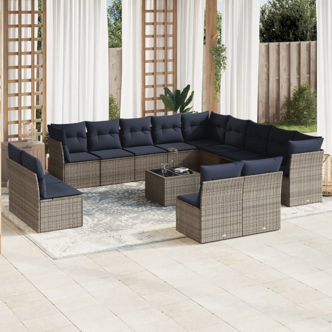 13-teiliges Gartensofa-Set mit Kissen, schwarzes Polyrattan